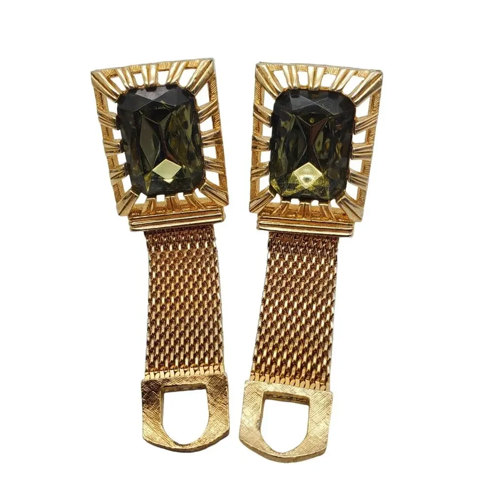 Swank Green Glass Cufflinks Gold Tone Mesh Wrap Stone Retro MCM Large Menswear